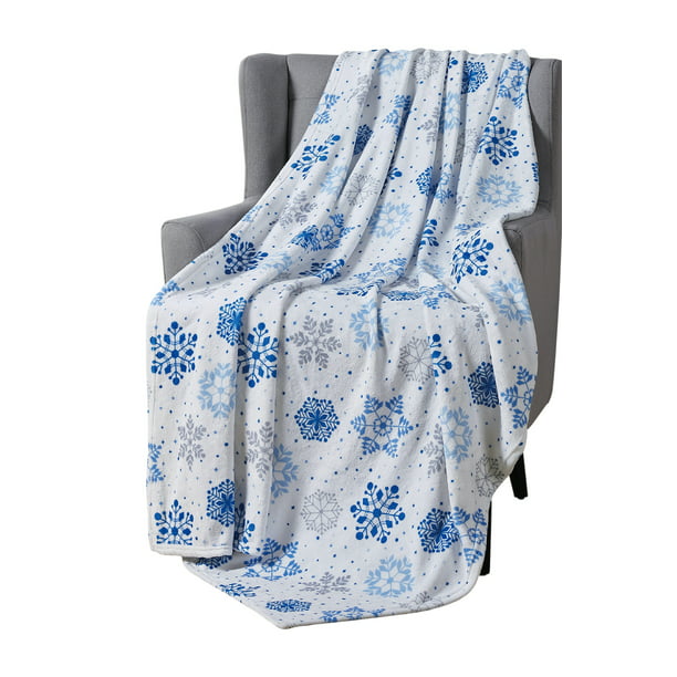Snowflakes Accent for Couch Bed Chair Blue Grey White Winter Decorative Throw Blanket: Soft Comfy Fleece Velvet Plush Flurries of Snowflakes 